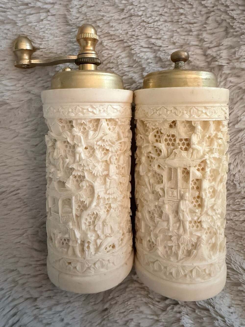 Vintage Italian Composite Faux Ivory Carved Salt Shaker and Pepper Mill Set